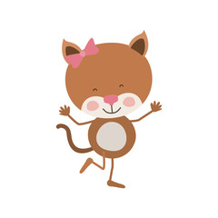 colorful caricature of cute expression female kitten in dance pose with bow lace vector illustration