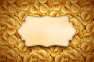 Bright glossy ancient golden coins with retro frame, horizontal vintage background