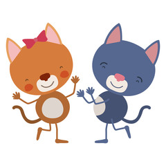 colorful caricature with couple of kittens dancing vector illustration