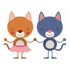 colorful caricature with couple of kittens holding hands vector illustration