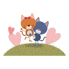 colorful scene sky landscape and grass with caricature couple of kittens one carrying the other vector illustration