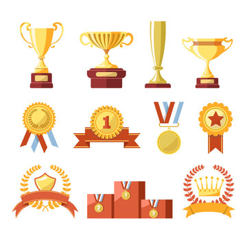 Awards cups, winner medals or champion ribbons vector isolated icons set