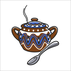 Bulgarian traditional clay ceramic soup bowl or pot vector isolated icon