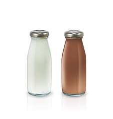 Milk and chocolate milk in bottle on white background