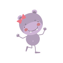 colorful caricature of cute expression female hippo in dance pose with bow lace vector illustration