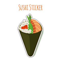 Sushi sticker, asian food with fish, rice label. Vector illustration
