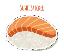 Sushi sticker, asian food with salmon, rice label. Vector illustration