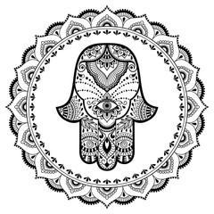 Hamsa hand drawn symbol in mandala. Mehndi style. Decorative pattern in oriental style. For henna tattoos, and decorative design documents and premises.