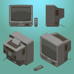 Old fashioned gray television with remote control isometric vector