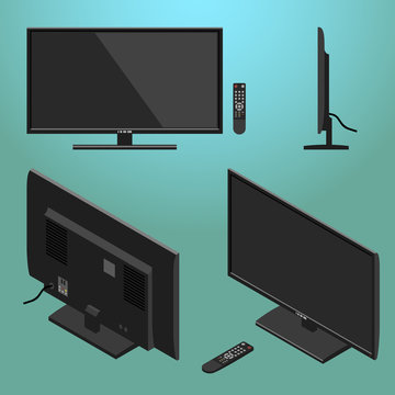 3D Illustration of Black Modern LED TV with remote control isometric vector