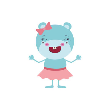 colorful caricature of cute expression female hippo in skirt with bow lace and wink eyes vector illustration