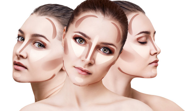 Collage of woman's faces with contouring makeup.