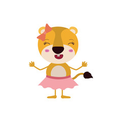colorful caricature of cute wink eyes expression lioness in skirt with bow lace vector illustration