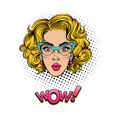 Pop art female face. Sexy surprised young woman head with wide open eyes, open mouth and blonde curly hair in glasses and Wow text. Vector object in pop art retro comic style on white background.