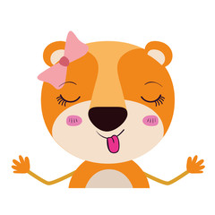 colorful caricature half body of wink eyes expression female lioness with bow lace and sticking out tongue vector illustration
