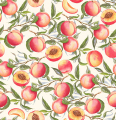 Hand-drawn watercolor seamless pattern with orange fresh peaches on the branch and flowers. Repeated background