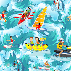 Obraz na płótnie Canvas Water extreme sports seamless patterns, design elements for summer vacation activity textile, cartoon wave surfing, sea beach vector illustration, active lifestyle adventure