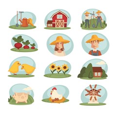 Farm household or farmer agriculture and cattle vector flat icons