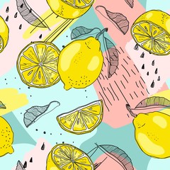 Lemon seamless pattern. Hand sketched fruits illustration. Vector design.