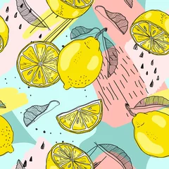 Wallpaper murals Yellow Lemon seamless pattern. Hand sketched fruits illustration. Vector design.