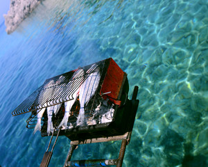Seafood Barbecue grill on sea at a yacht deck, Mugla, Turkey
