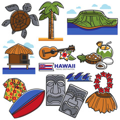 Hawaii travel destination landmarks and famous tourism attractions vector icons