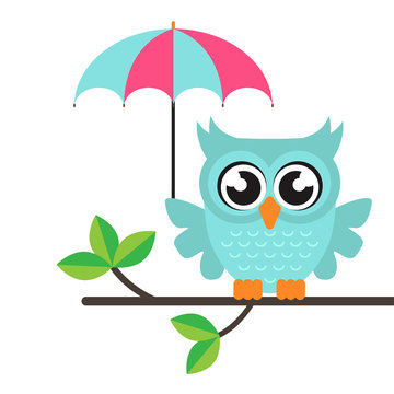 cartoon owl with umbrella on a branch
