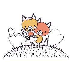 silhouette color sections scene sky landscape and grass with caricature couple of kittens one carrying the other vector illustration