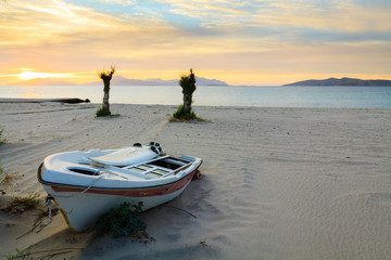 Old boat and surfboard abandoned on the sandy beach, landscape during sunset.