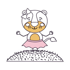 silhouette color sections scene sky landscape and grass with caricature cute expression lioness in skirt with bow lace vector illustration