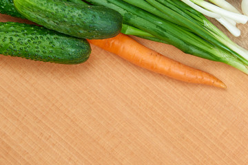 closeup of fresh fruits and vegetables on wooden table, healthy food concept, abstract object and background