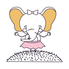 silhouette color sections scene sky landscape and grass with caricature cute expression elephant in skirt with bow lace vector illustration