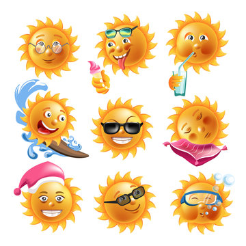 Sun smiles summer holiday vacation cartoon emoticons faces vector icons set