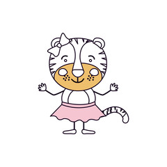 silhouette color sections caricature of cute smile expression female tigress in skirt with bow lace with hands up vector illustration