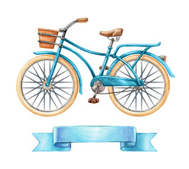 watercolor illustration, blue bicycle, retro bike, blank ribbon tag, banner, label, transport clip art isolated on white background