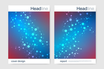 Scientific brochure design template. Vector flyer layout, Molecular structure with connected lines and dots. Scientific pattern atom DNA with elements for magazine, leaflet, cover, poster design.