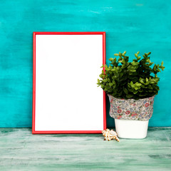 Blank empty canvas with red framework. Mockup poster in the interior.
