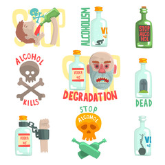 Dangers and risk from alcohol set, alcoholism vector Illustrations