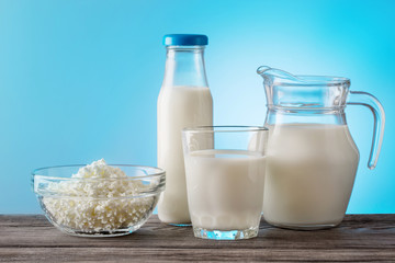 Still life of dairy products on wooden table
