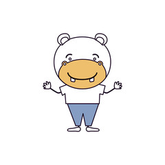 Fototapeta premium silhouette color sections caricature of cute hippo happiness expression with hands up with clothes vector illustration