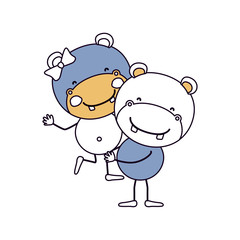 Fototapeta premium silhouette color sections caricature with couple of hippos one carrying the other cute animals vector illustration