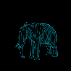 Abstract striped elephant. Isolated on black background. Vector outline illustration.