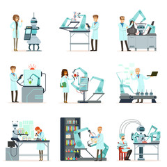 New technologies, artificial intelligence set, scientists working in the laboratory with robotic machines vector Illustrations