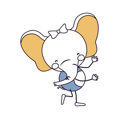 silhouette color sections caricature of cute expression female elephant in dance pose with bow lace vector illustration
