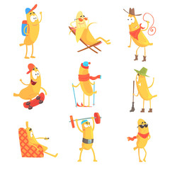 Cute happy humanized bananas in different actions set of vector Illustrations