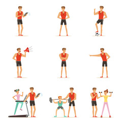 Fototapeta na wymiar Personal gym coach trainer or instructor set of vector Illustrations