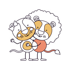 silhouette color sections caricature with couple of lioness and lion embraced vector illustration