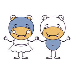 silhouette color sections caricature with couple of hippos holding hands vector illustration