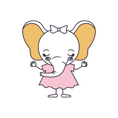 silhouette color sections caricature of cute expression and eyes closed of female elephant in dress with bow lace vector illustration