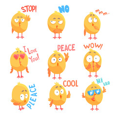 Fototapeta premium Cute cartoon comic chickens characters with different emotions and phrases set of vector Illustrations